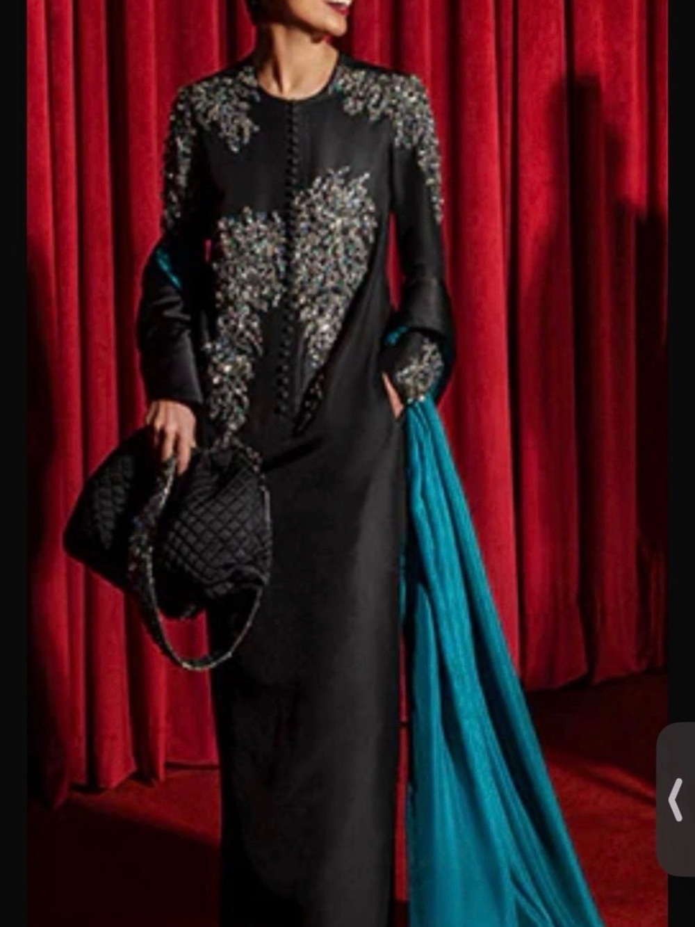 Black Embroidered Long Sleeve Evening Dress